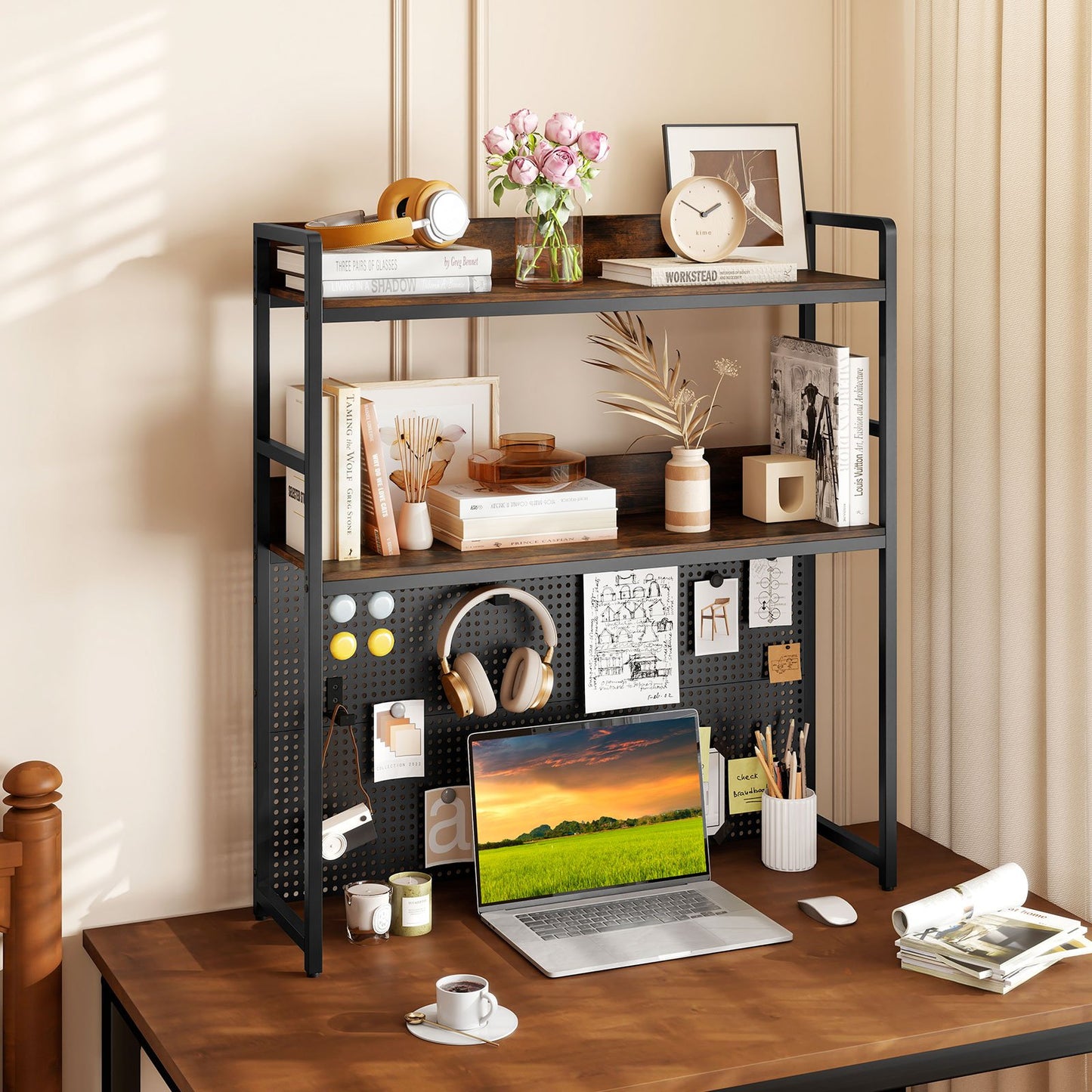 Multipurpose 2-Tier Desktop Bookshelf with Pegboard for up to 32 Inch Computer Monitor-Rustic Brown