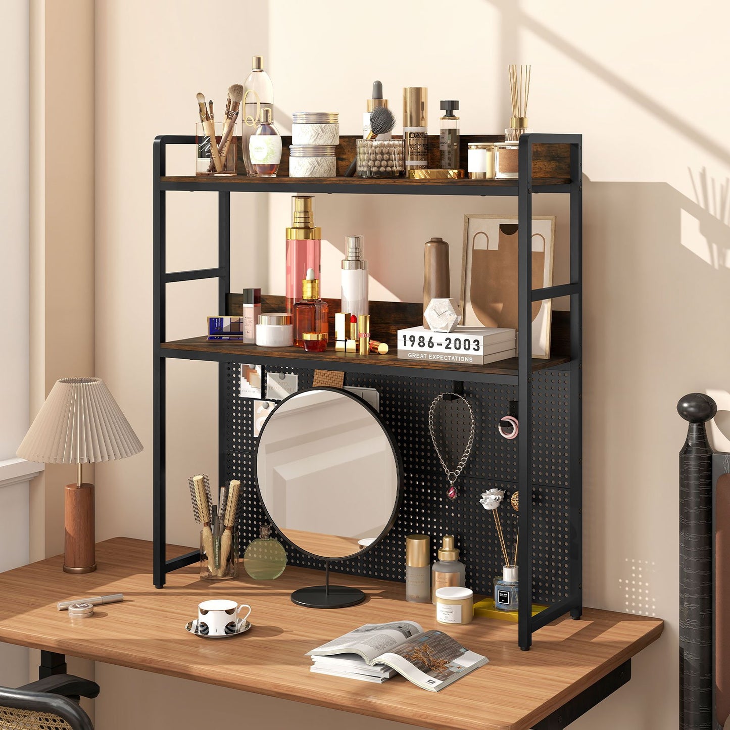 Multipurpose 2-Tier Desktop Bookshelf with Pegboard for up to 32 Inch Computer Monitor-Rustic Brown