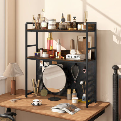 Multipurpose 2-Tier Desktop Bookshelf with Pegboard for up to 32 Inch Computer Monitor-Rustic Brown