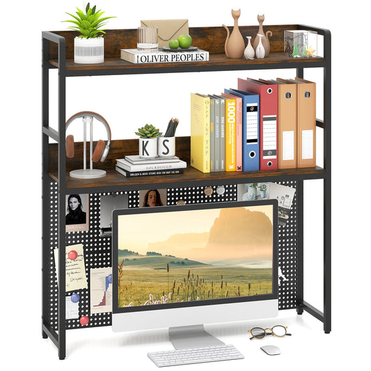 Multipurpose 2-Tier Desktop Bookshelf with Pegboard for up to 32 Inch Computer Monitor-Rustic Brown