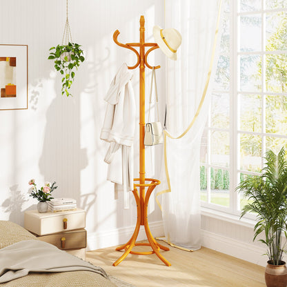 Wood Standing Hat Coat Rack w/ Umbrella Stand-Black