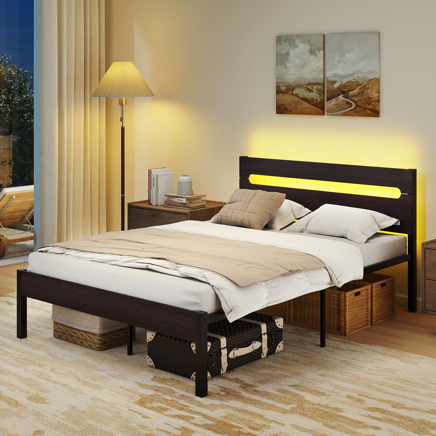 Heavy-Duty Metal Slats Support Bed Platform with Charging Station-Walnut