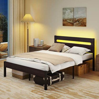 Heavy-Duty Metal Slats Support Bed Platform with Charging Station-Walnut