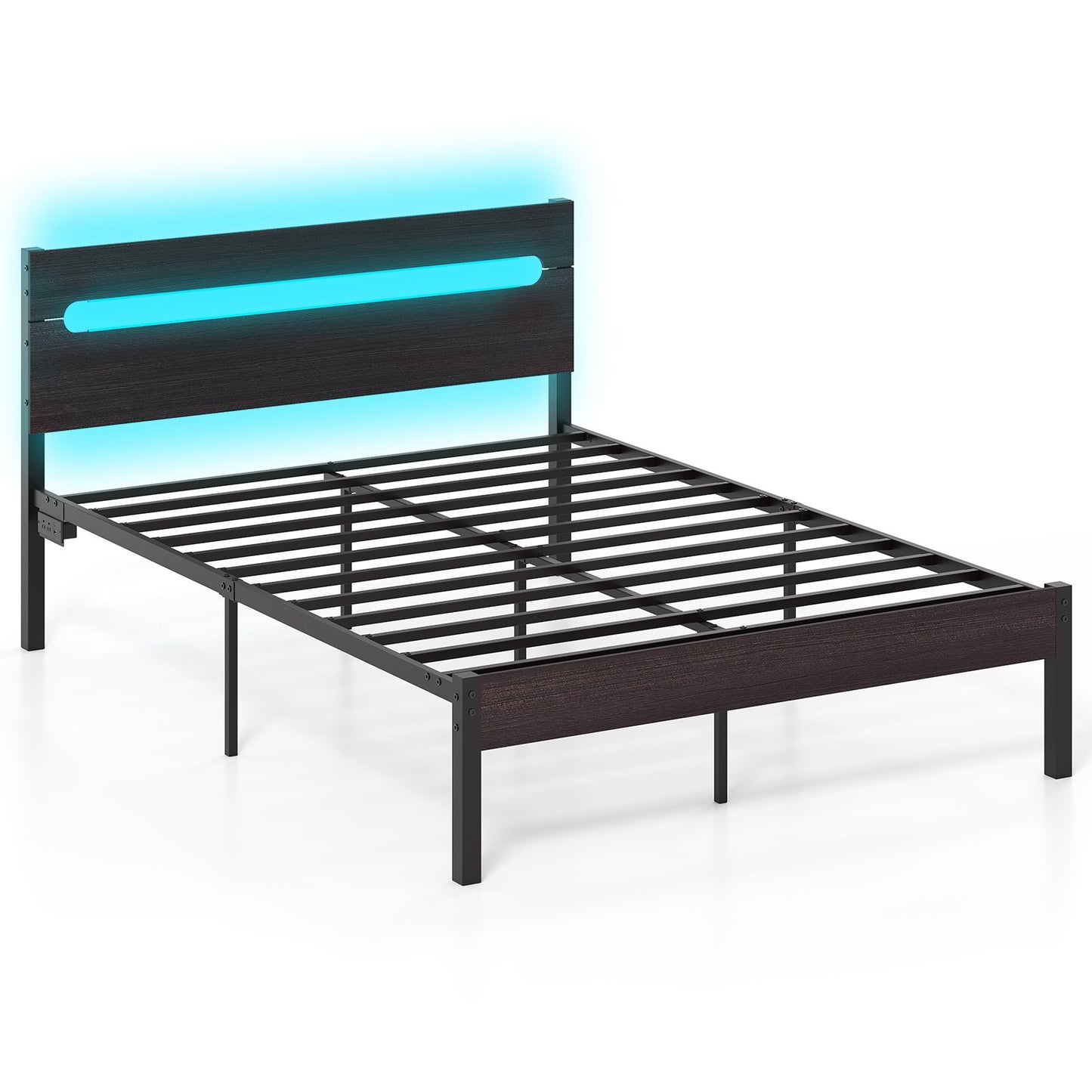 Heavy-Duty Metal Slats Support Bed Platform with Charging Station-Walnut