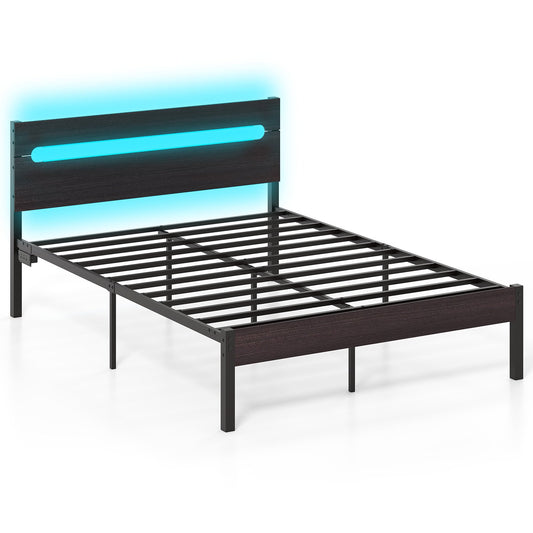 Heavy-Duty Metal Slats Support Bed Platform with Charging Station-Walnut