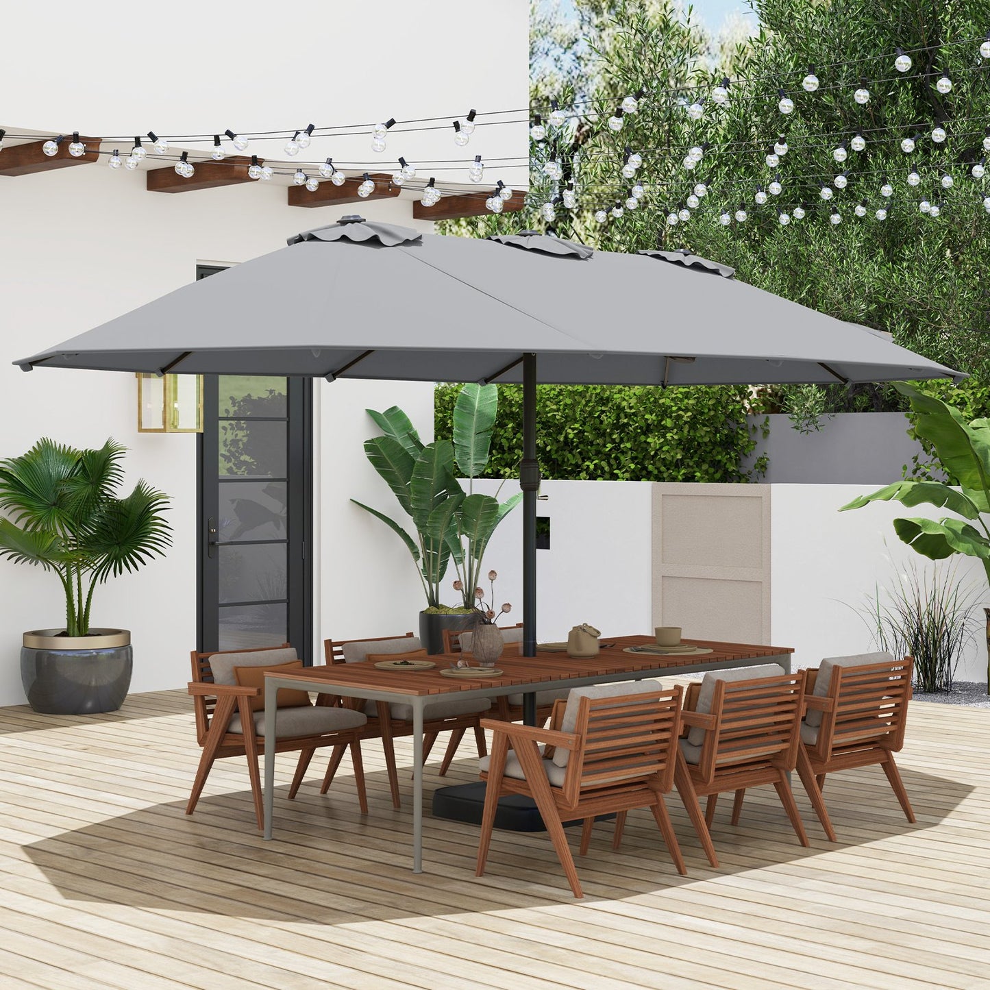 15 Feet Double-Sided Twin Patio Umbrella with Crank and Base Coffee in Outdoor Market-Beige