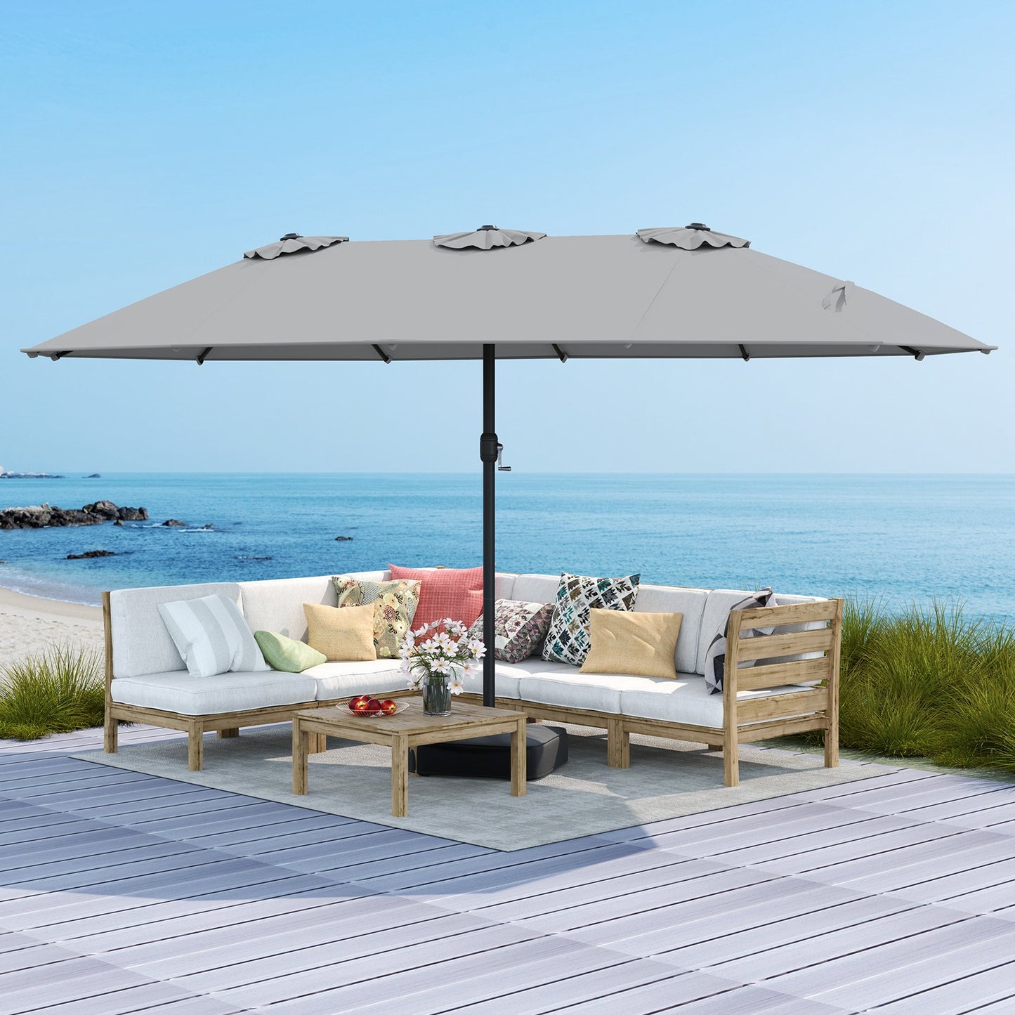 15 Feet Double-Sided Twin Patio Umbrella with Crank and Base Coffee in Outdoor Market-Beige