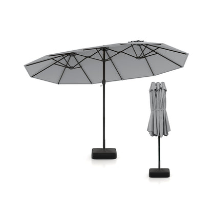 15 Feet Double-Sided Twin Patio Umbrella with Crank and Base Coffee in Outdoor Market-Beige