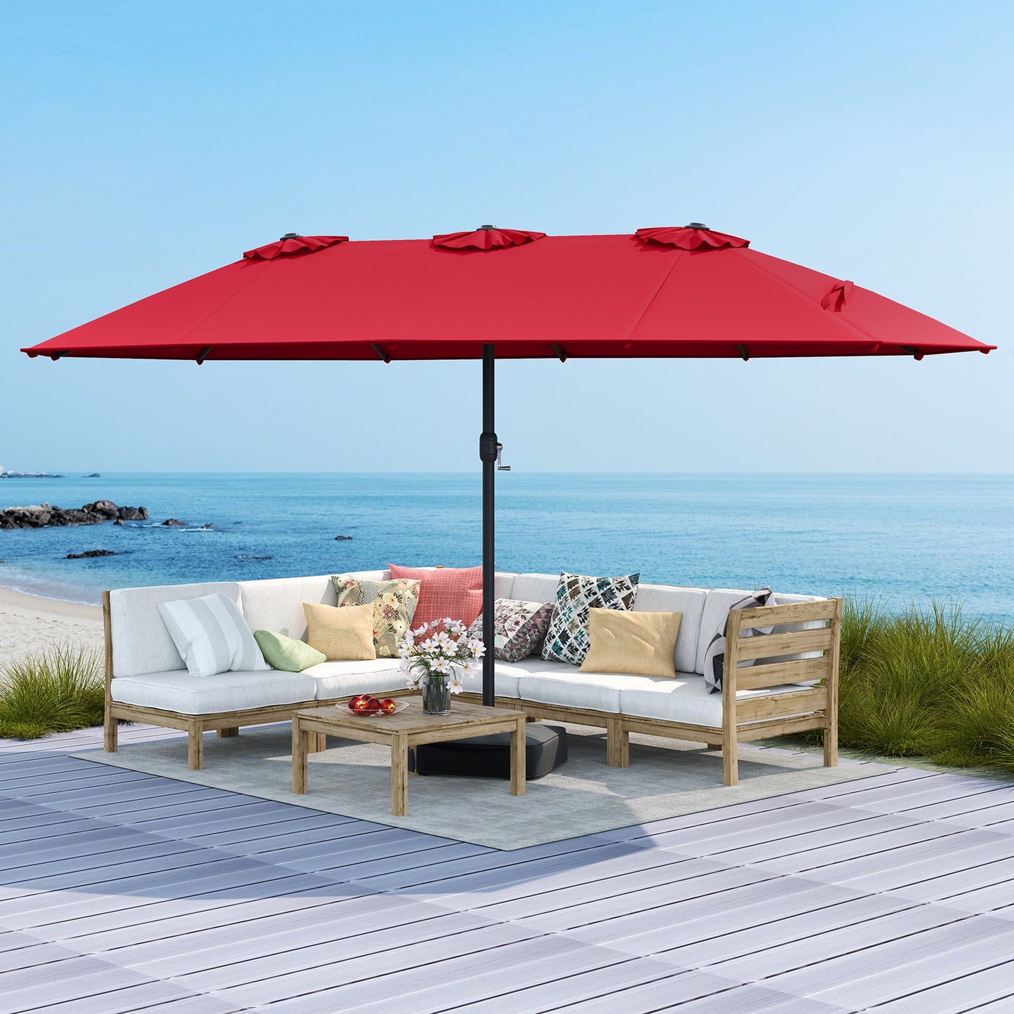 15 Feet Double-Sided Twin Patio Umbrella with Crank and Base Coffee in Outdoor Market-Beige
