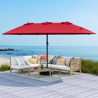 15 Feet Double-Sided Twin Patio Umbrella with Crank and Base Coffee in Outdoor Market-Beige