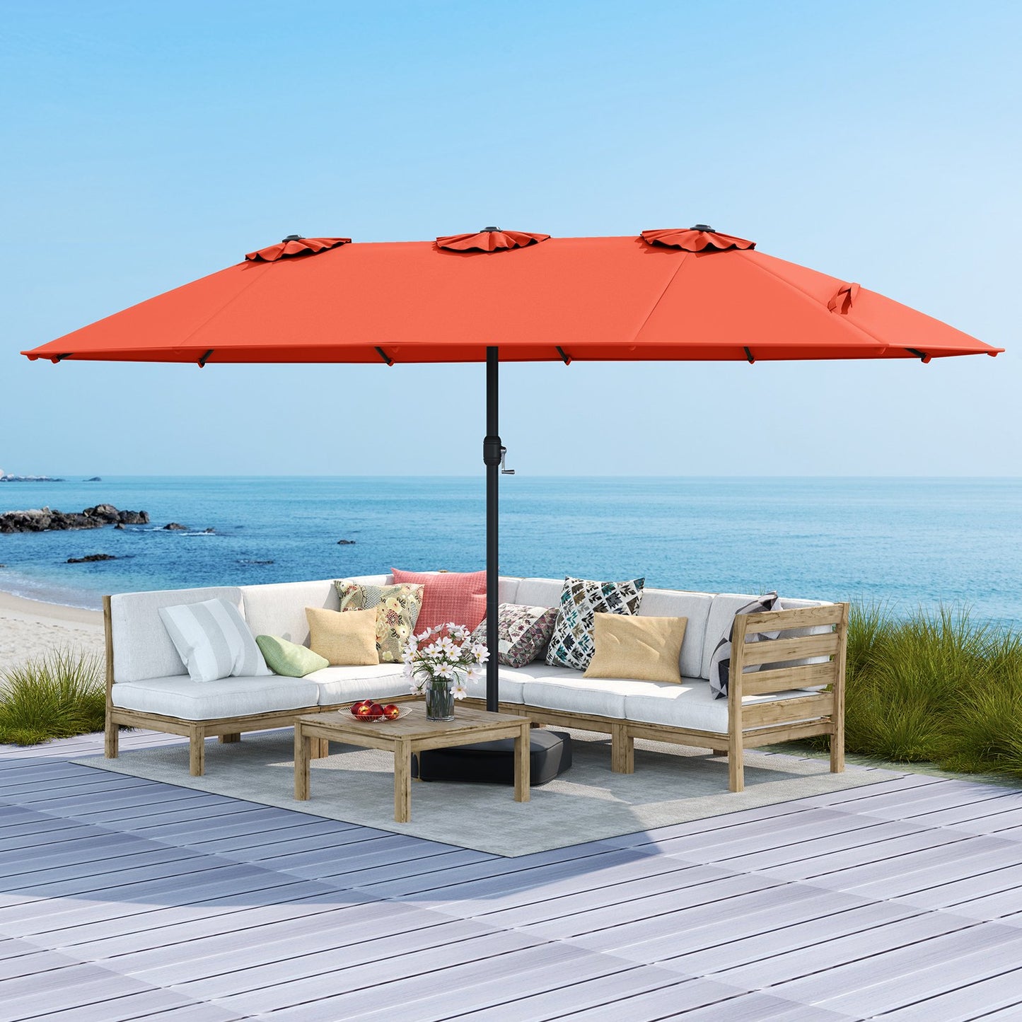 15 Feet Double-Sided Twin Patio Umbrella with Crank and Base Coffee in Outdoor Market-Beige