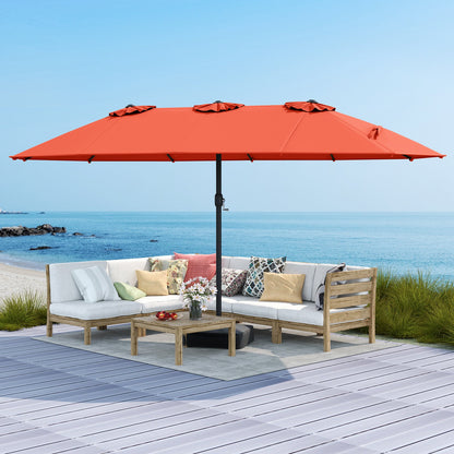 15 Feet Double-Sided Twin Patio Umbrella with Crank and Base Coffee in Outdoor Market-Beige