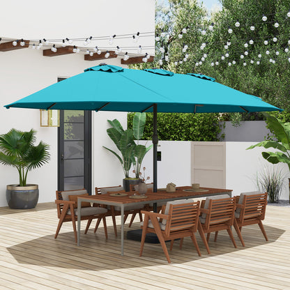 15 Feet Double-Sided Twin Patio Umbrella with Crank and Base Coffee in Outdoor Market-Beige