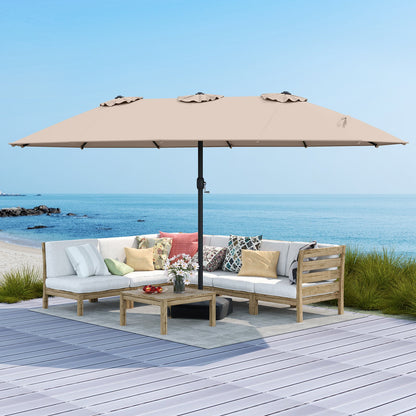 15 Feet Double-Sided Twin Patio Umbrella with Crank and Base Coffee in Outdoor Market-Beige