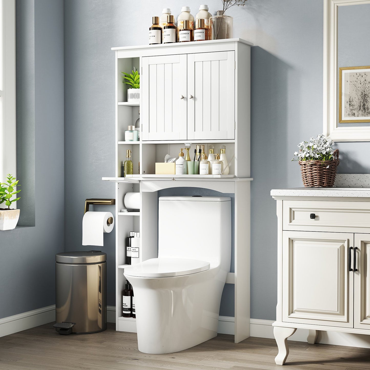 Over the Toilet Storage Cabinet with Adjustable Shelf and Bottom Bar-White