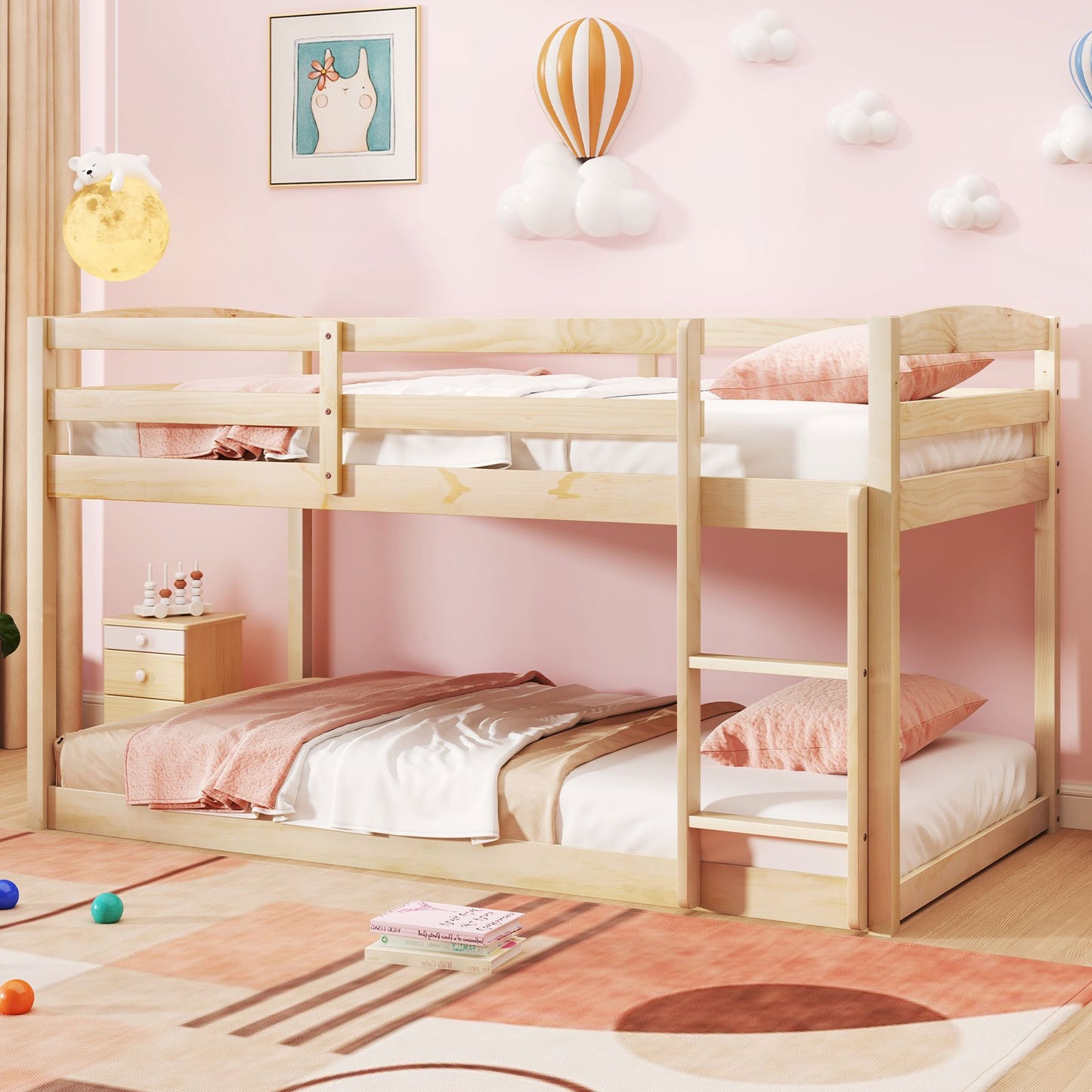Twin Size Bunk Bed with High Guardrails and Integrated Ladder-Gray