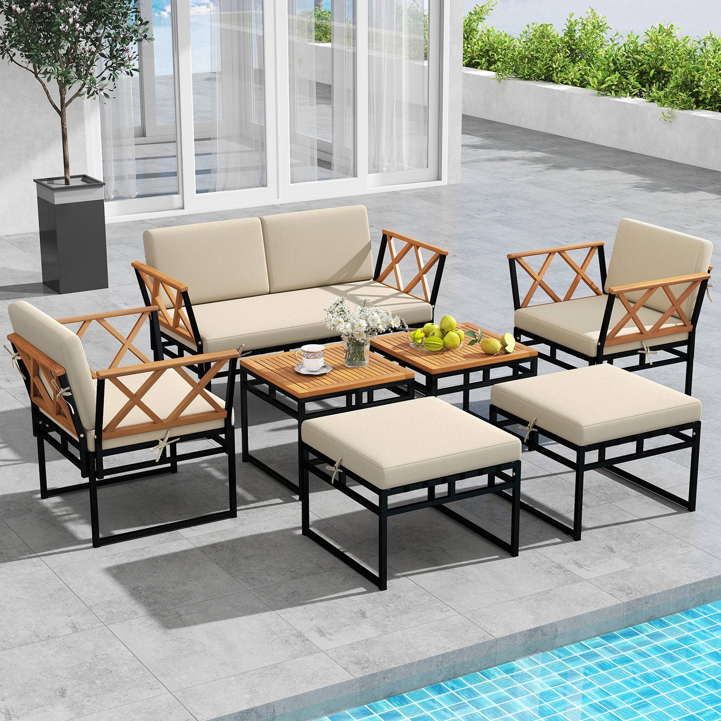 7 Piece Outdoor Conversation Set with Cushions and Bungee Rope Seat-Beige