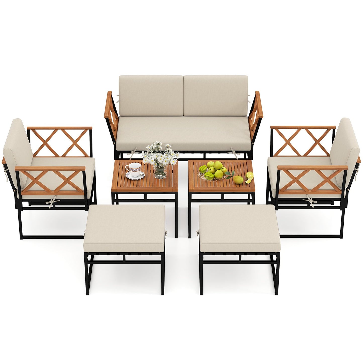 7 Piece Outdoor Conversation Set with Cushions and Bungee Rope Seat-Beige
