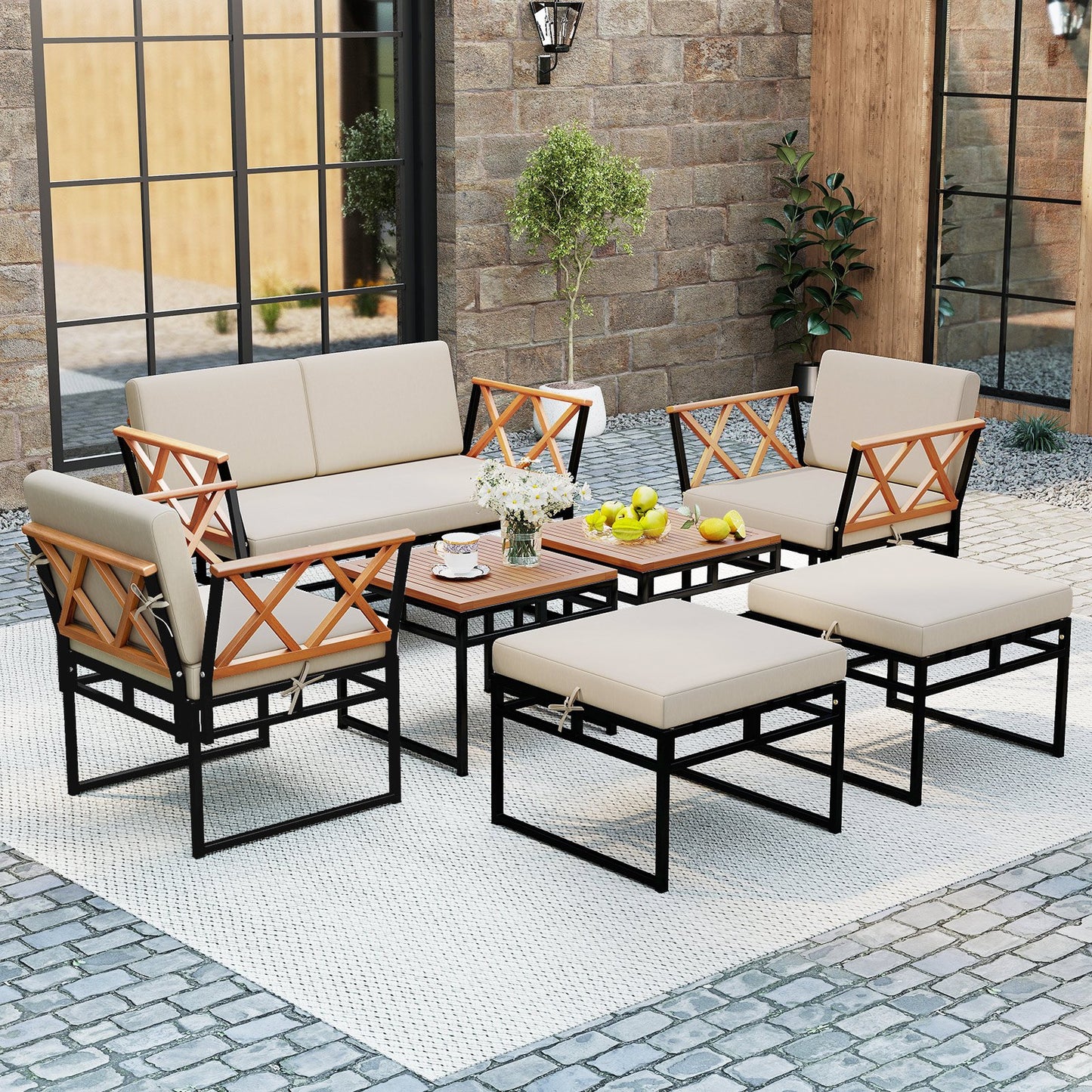 7 Piece Outdoor Conversation Set with Cushions and Bungee Rope Seat-Beige