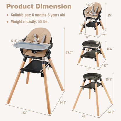 6 in 1 Convertible Highchair with Safety Harness and Removable Tray-Beige