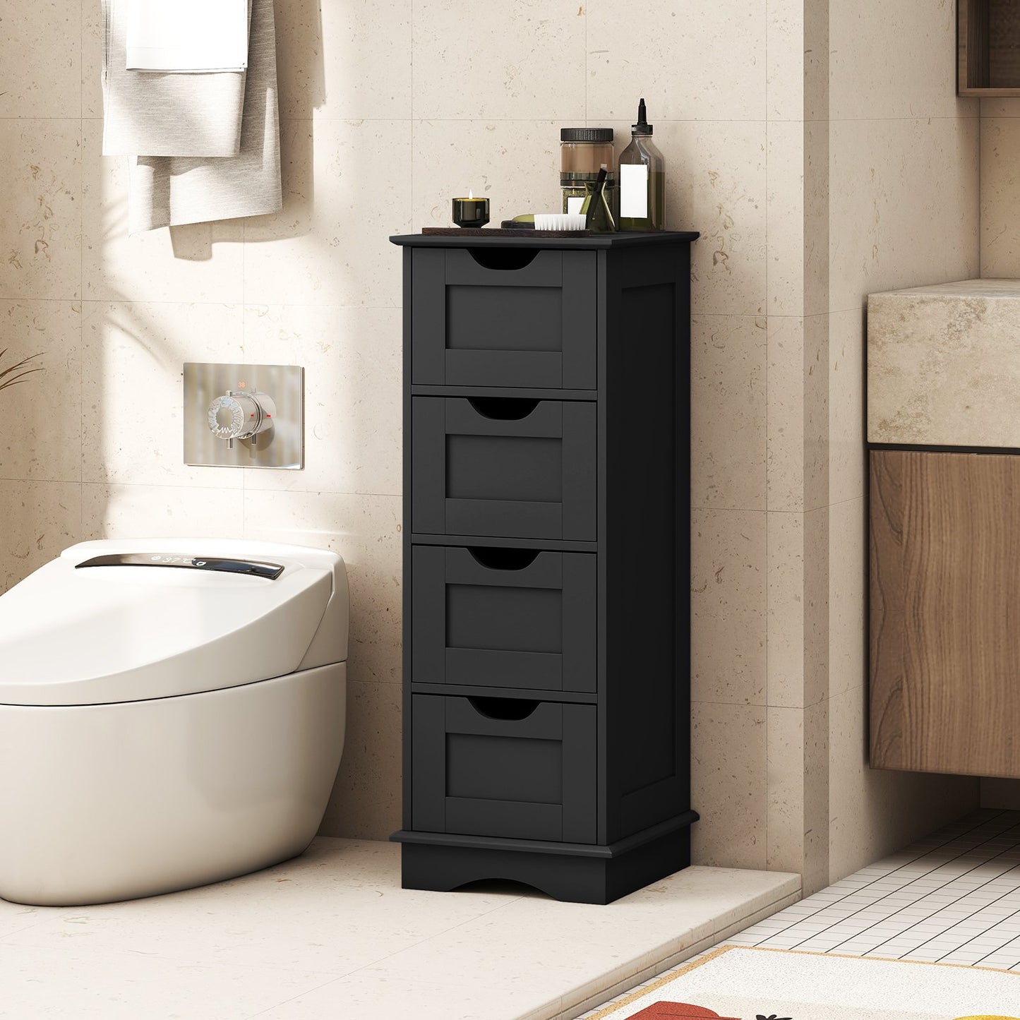 Bathroom Storage Cabinet with Cutout Handles and 4 Drawers-Black