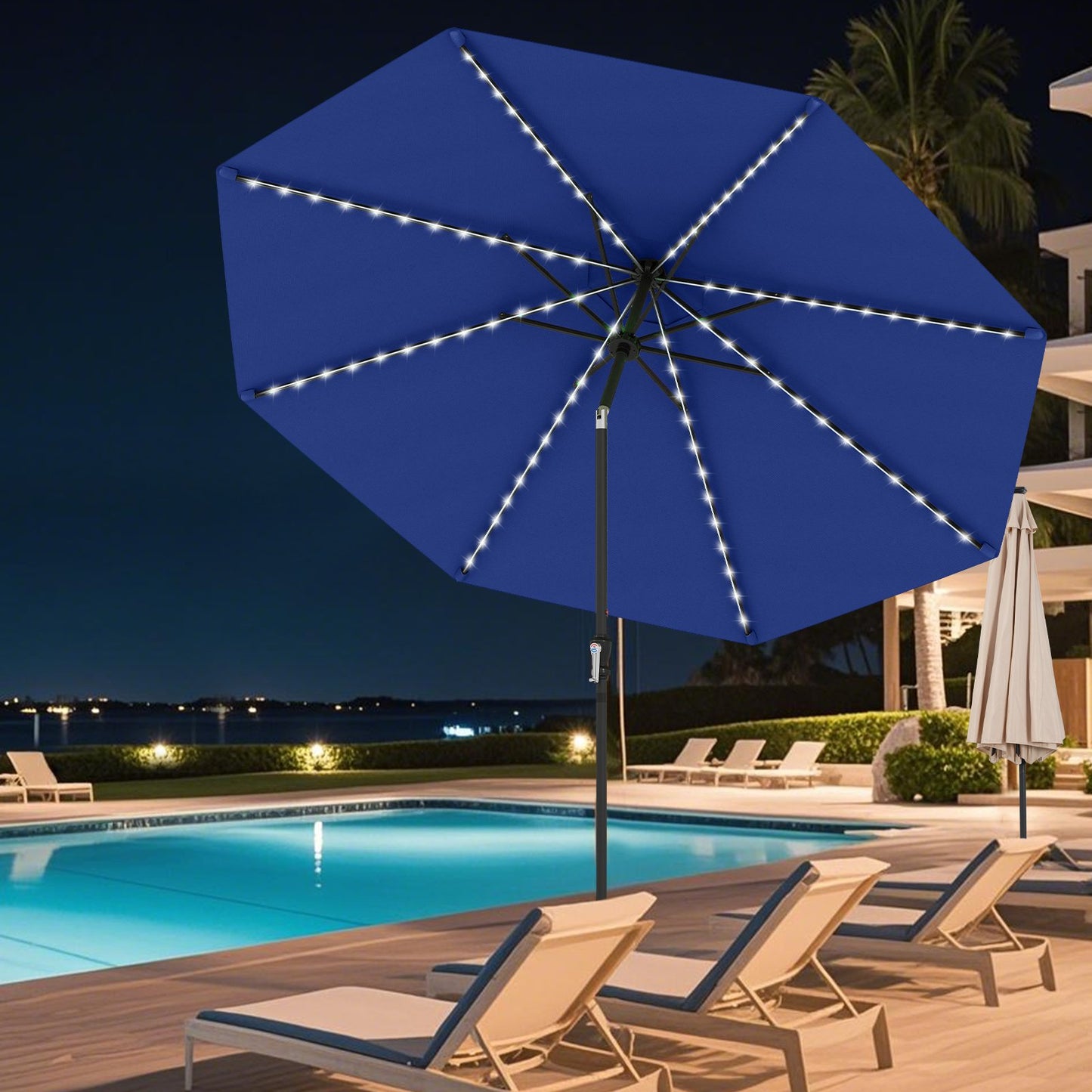10 Feet Solar Patio Umbrella with 96 Multi-Colored Flowing LED Lights and Tilt Adjustment-Beige