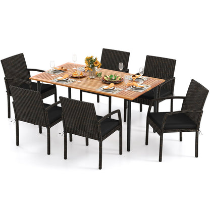 7 Pieces Patio Rattan Cushioned Dining Set with Umbrella Hole-Black
