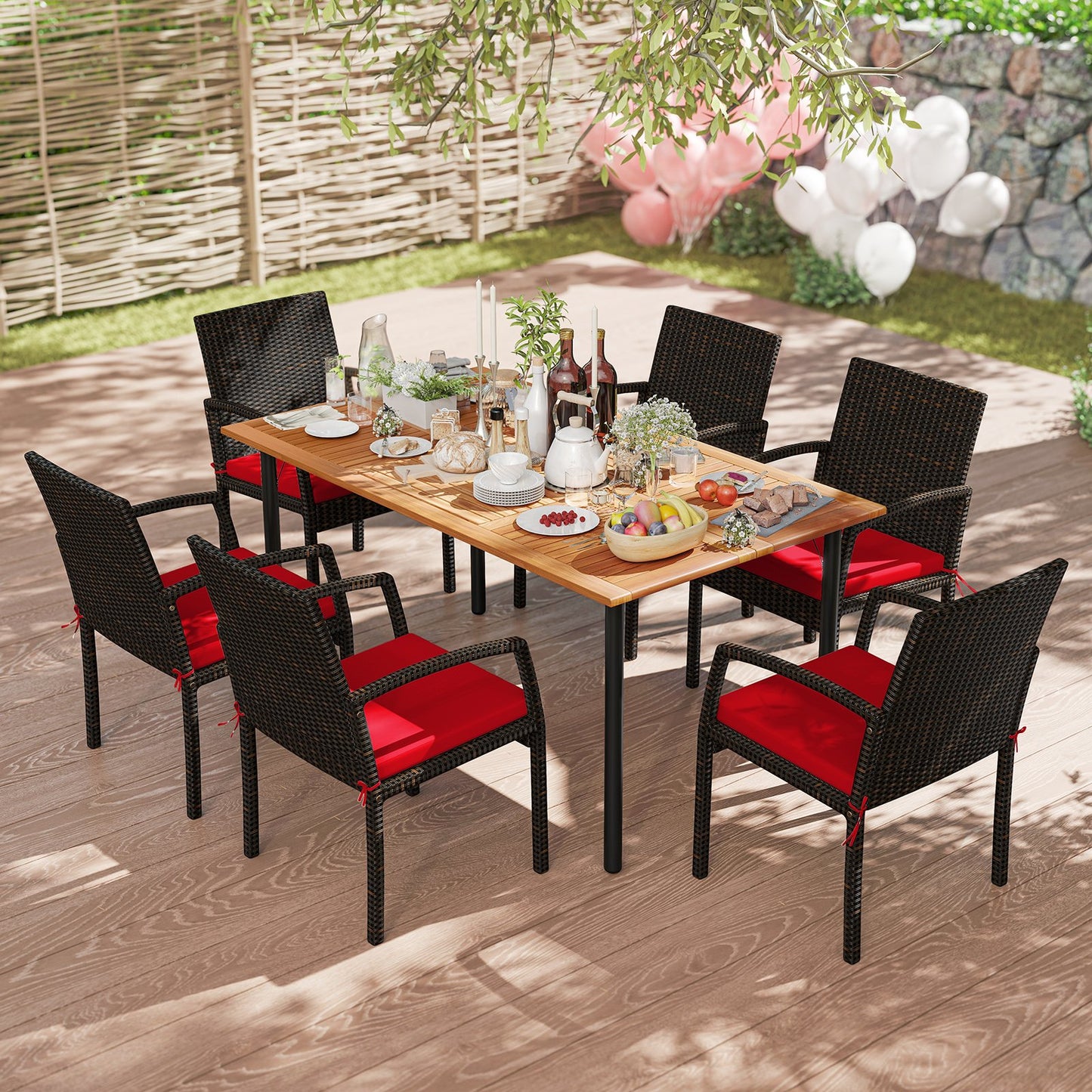 7 Pieces Patio Rattan Cushioned Dining Set with Umbrella Hole-Black