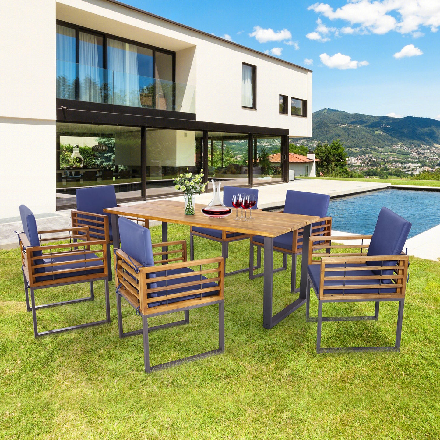 Outdoor Acacia Wood Patio Dining Chairs Set of 6 with Seat Back Cushions-Navy