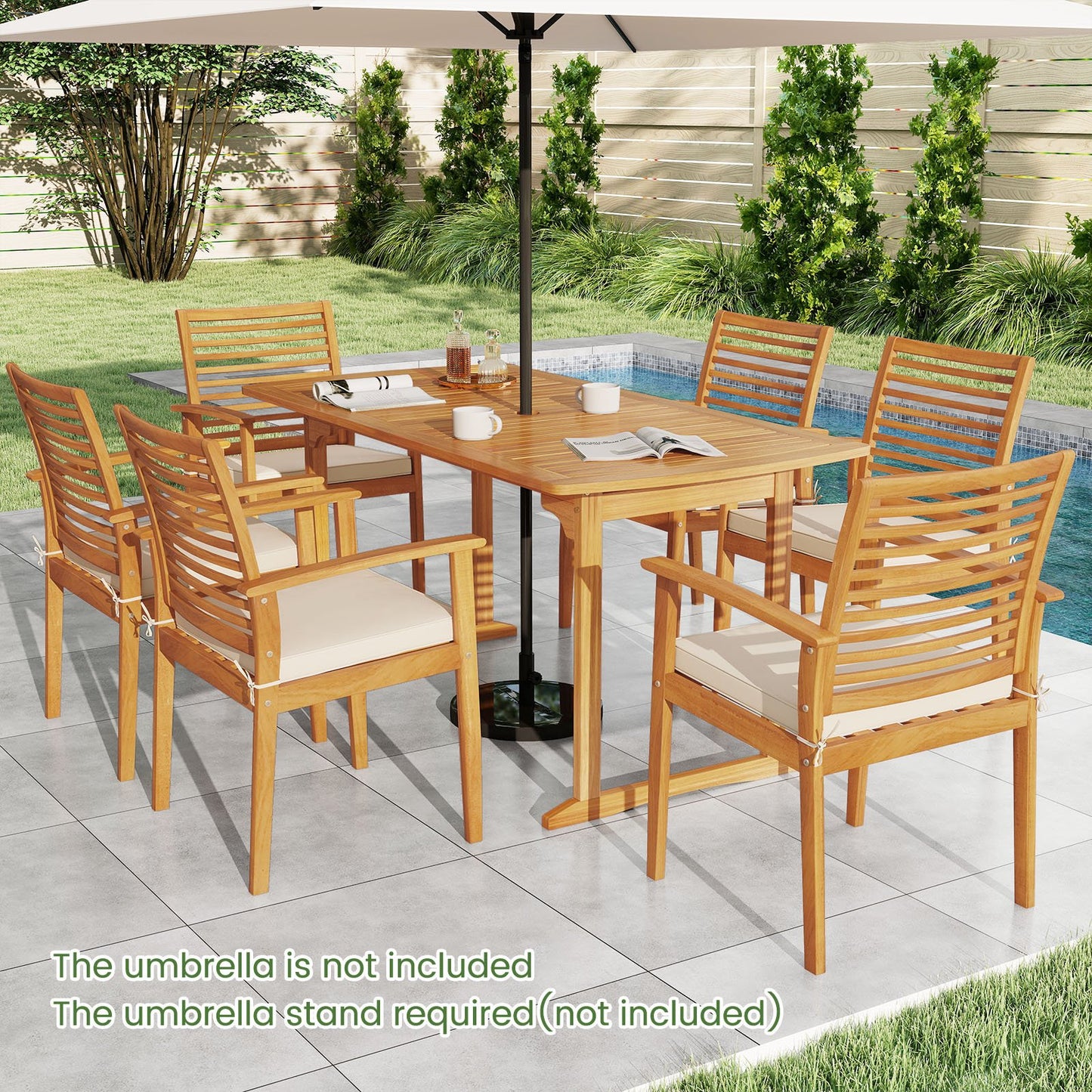 63 inch Outdoor Dining Table with Umbrella Hole and Slatted Tabletop