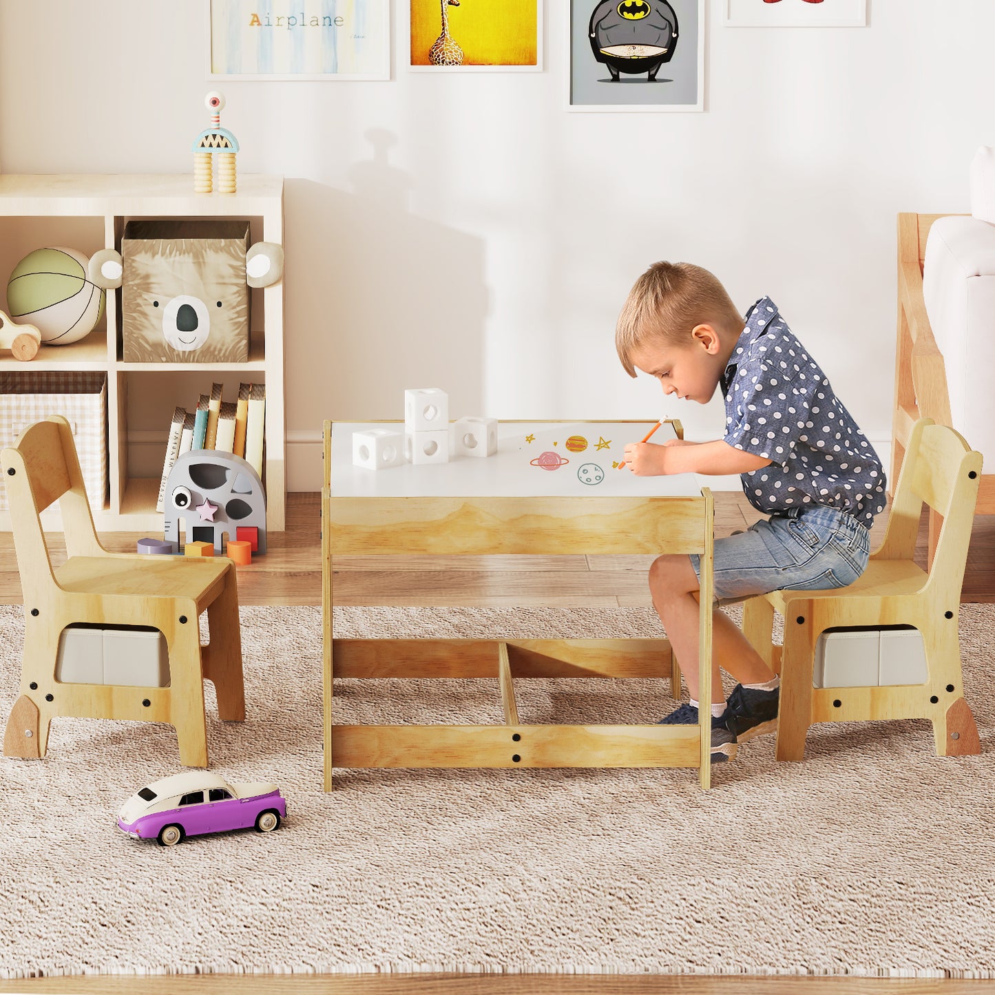 3 in 1 Kids Table and Chair Set with Removable Tabletop and 2 Storage Drawers-Gray