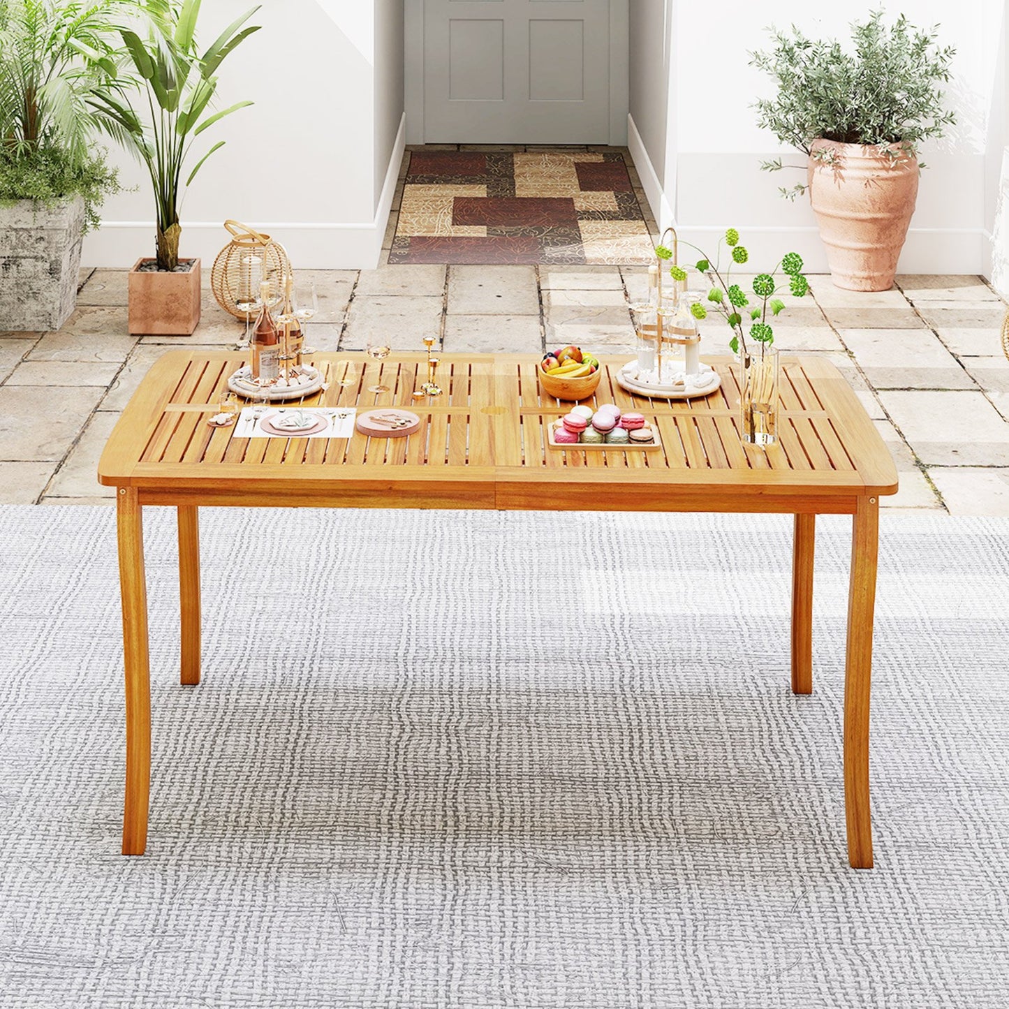 63 inch Outdoor Dining Table with Umbrella Hole Farmhouse Bistro Dinette Furniture