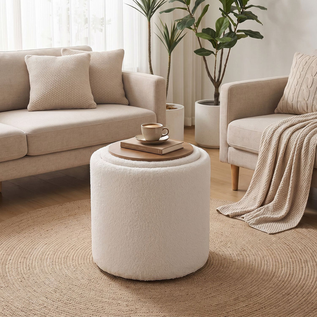 Beige 17-inch round storage ottoman with flipping lid, made of soft fabric, perfect for living room storage and seating.