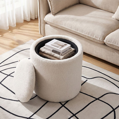 Beige 17-inch round storage ottoman with flipping lid, made of soft fabric, ideal for living room organization and seating.