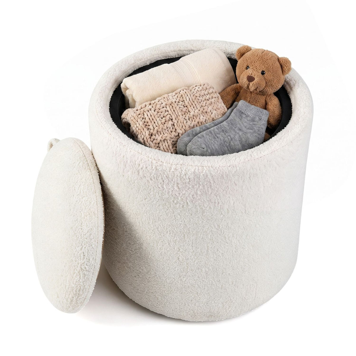 Beige 17-inch round storage ottoman with flipping lid, made of soft fabric, perfect for living room organization and seating.