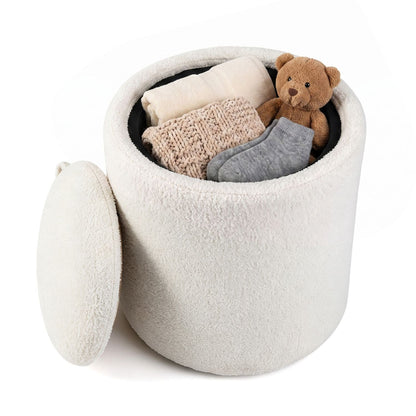 Beige 17-inch round storage ottoman with flipping lid, made of soft fabric, perfect for living room organization and seating.