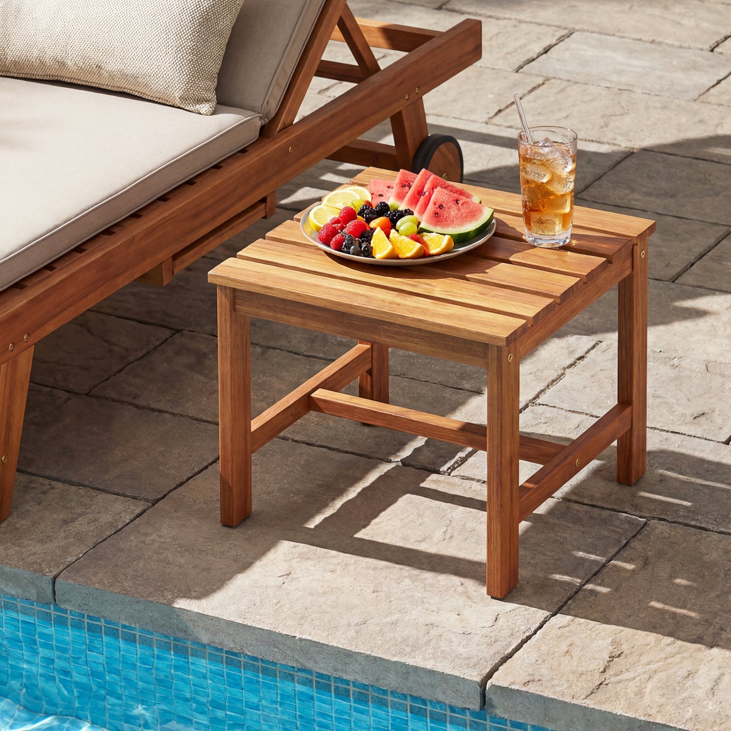 Set of two 17-inch square acacia wood patio side tables with slatted tabletops, ideal for outdoor living spaces.