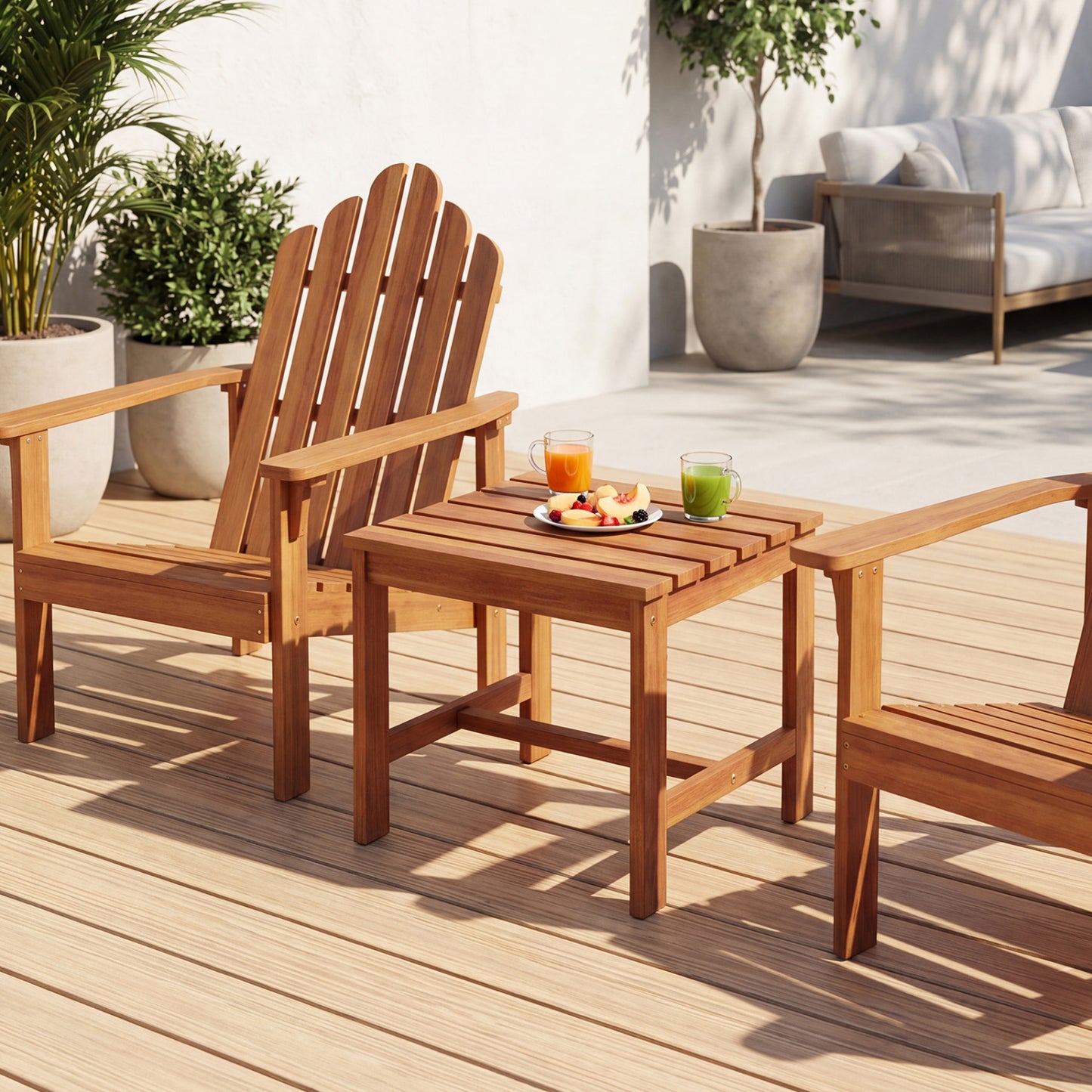 Set of two 17-inch square acacia wood patio side tables with slatted tabletops for outdoor or living room use.