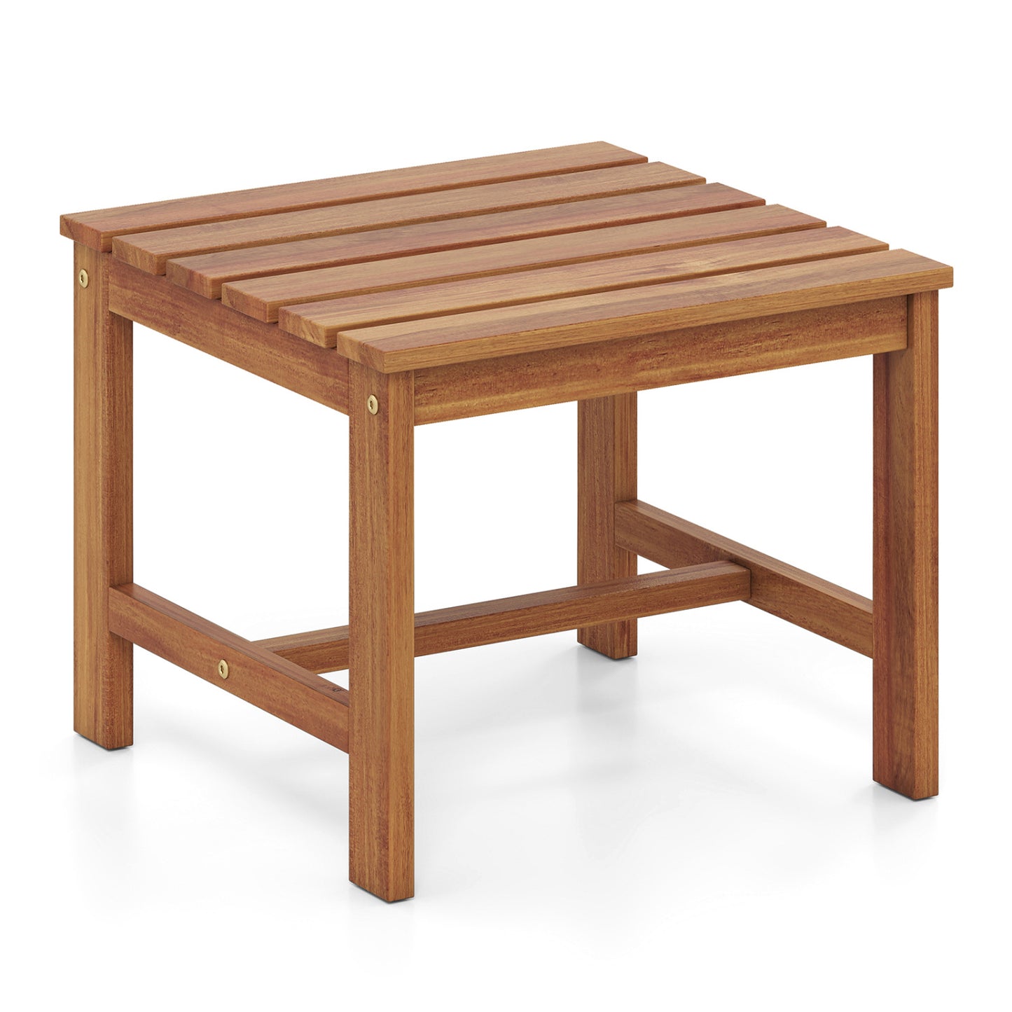 Set of two 17-inch square Acacia wood patio side tables with slatted tabletops for outdoor living spaces.