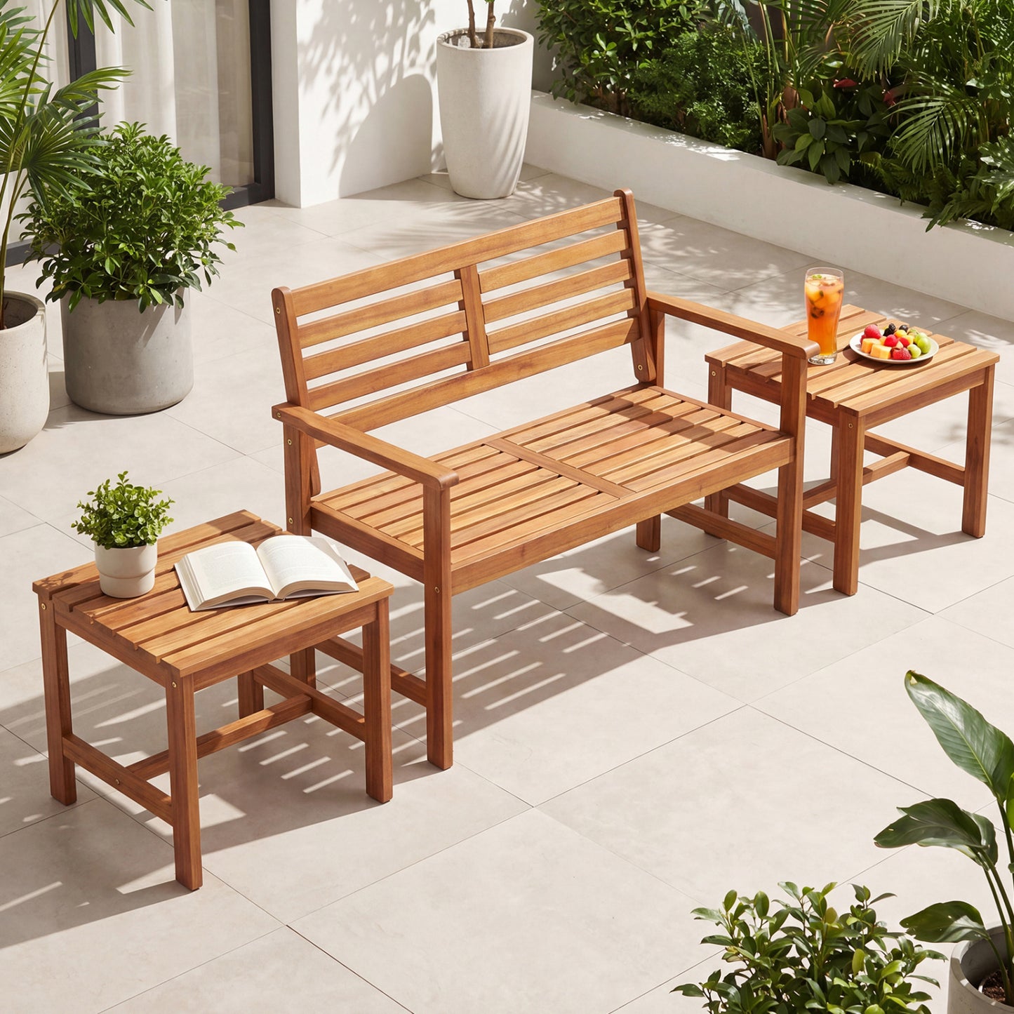 Set of two 17-inch square acacia wood patio side tables with slatted tabletops, ideal for outdoor living spaces.