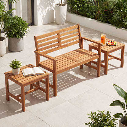 Set of two 17-inch square acacia wood patio side tables with slatted tabletops, ideal for outdoor living spaces.