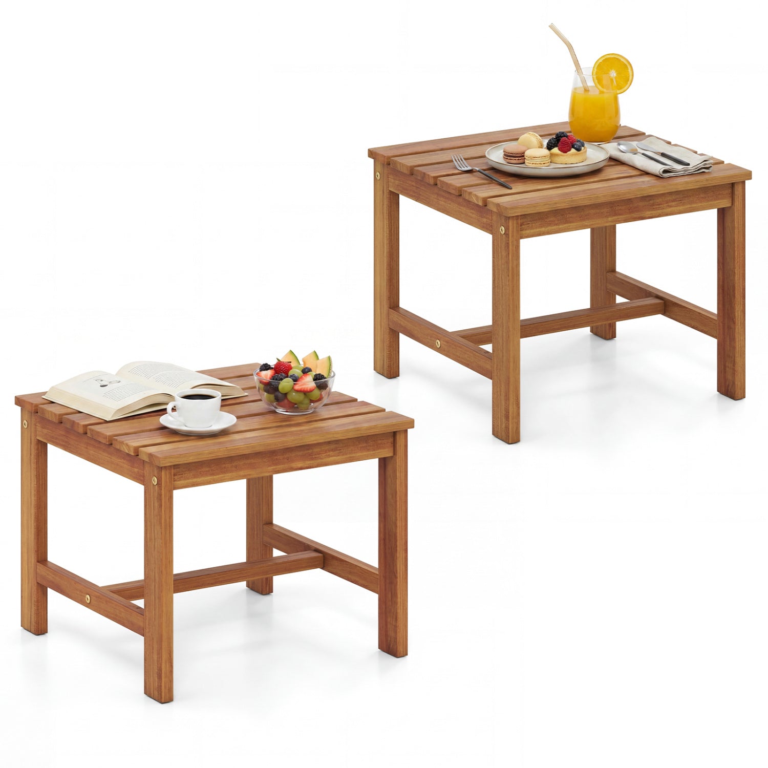 Set of two 17-inch square acacia wood patio side tables with slatted tabletops for outdoor living spaces.