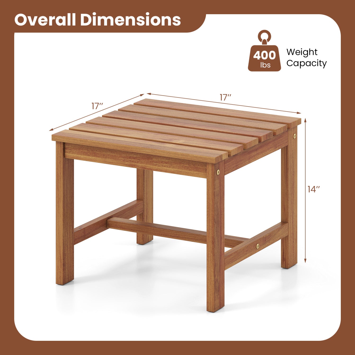 Set of two 17-inch square Acacia wood patio side tables with slatted tabletops for outdoor living spaces.