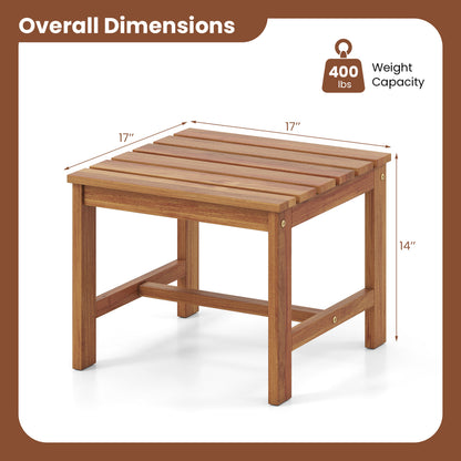 Set of two 17-inch square Acacia wood patio side tables with slatted tabletops for outdoor living spaces.