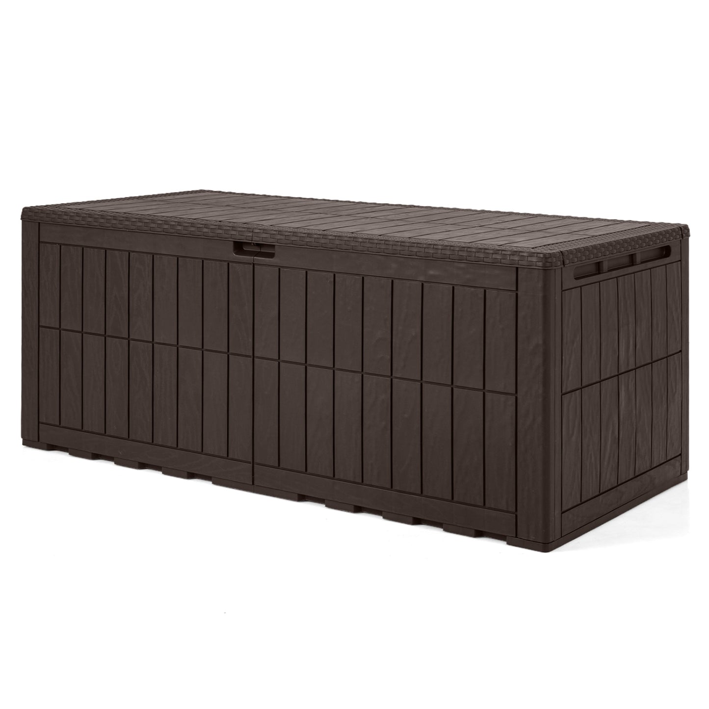 Black 180-gallon outdoor deck box with lid and handles, weatherproof lockable storage bin for outdoor patio organization.