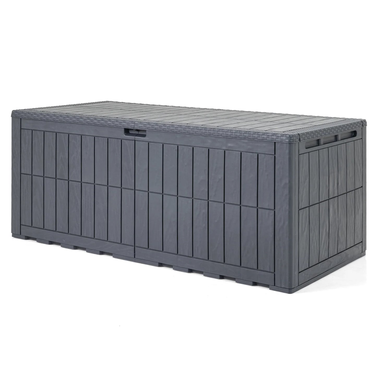 Black 180-gallon outdoor deck box with lid and handles, weather-resistant lockable storage bin for outdoor use.