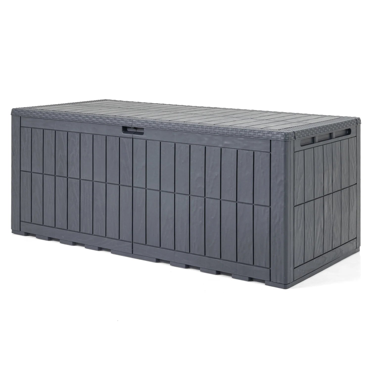 Black 180-gallon outdoor deck box with lid and handles, weather-resistant lockable storage bin for outdoor use.