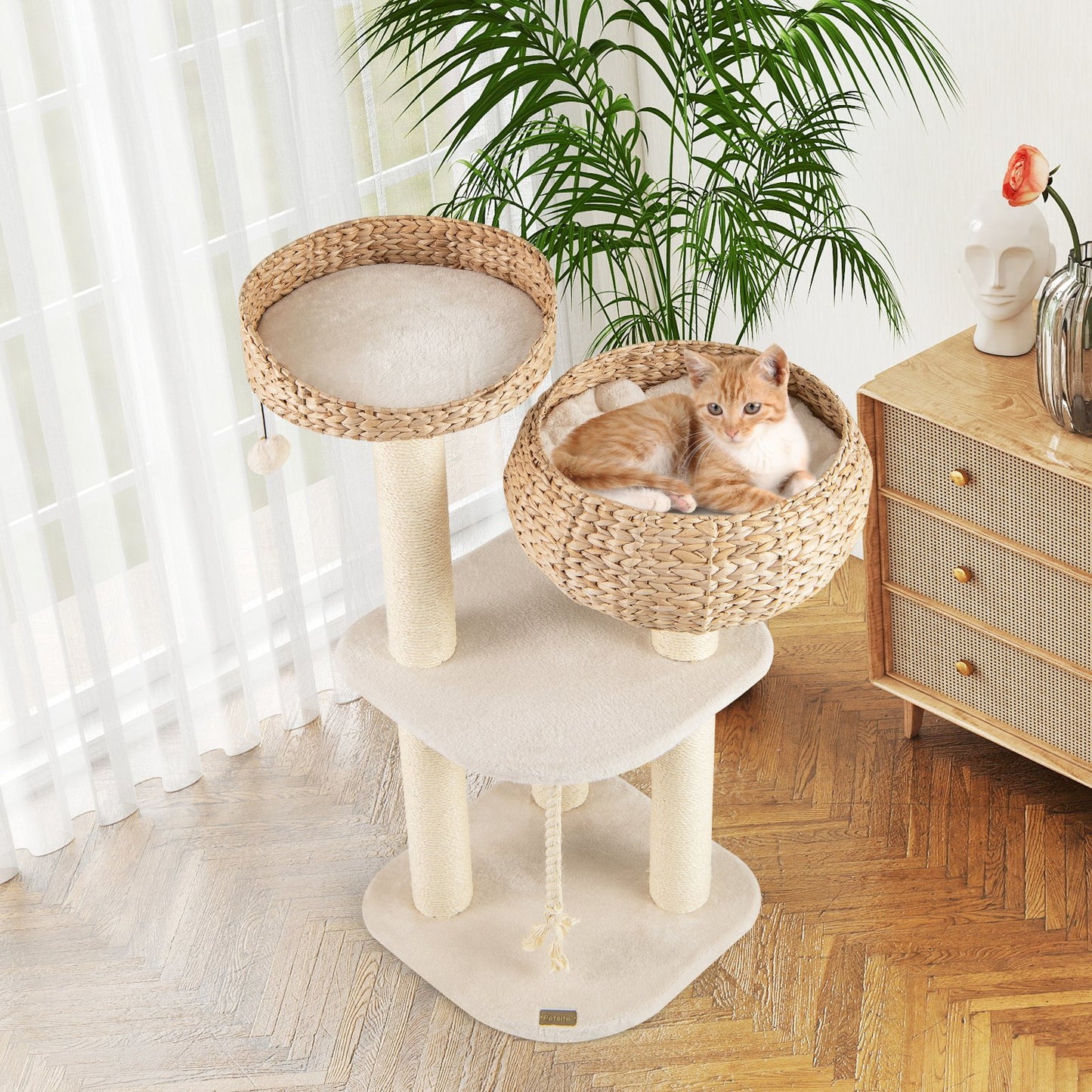 41 Inch Rattan Cat Tree with Napping Perch-Beige