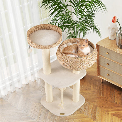 41 Inch Rattan Cat Tree with Napping Perch-Beige