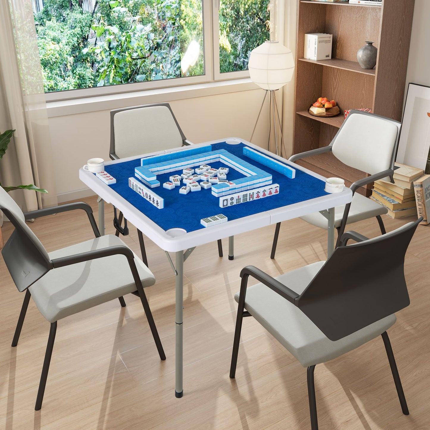 35 Inch 4 Player Game Card Folding Mahjong Table with Cup Holders-Blue